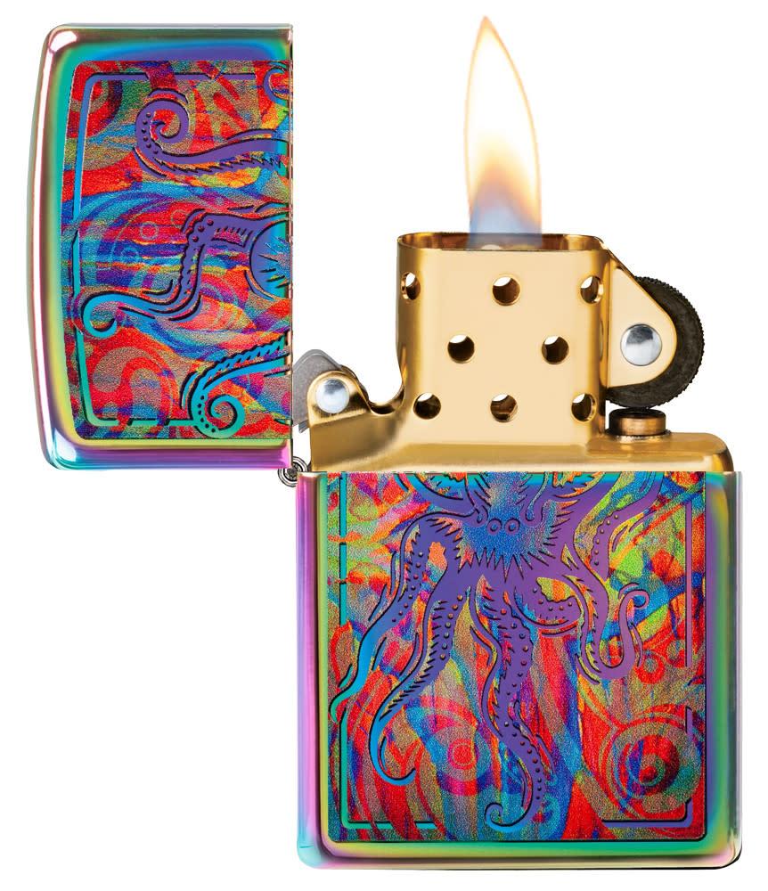 Front view of the Colorful Octopus Multi Color Design Lighter open and lit